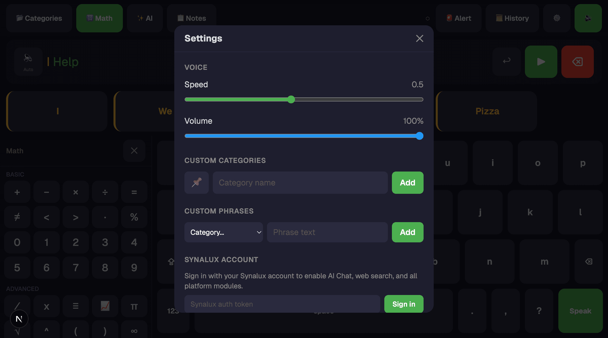 Settings — voice, language, accessibility