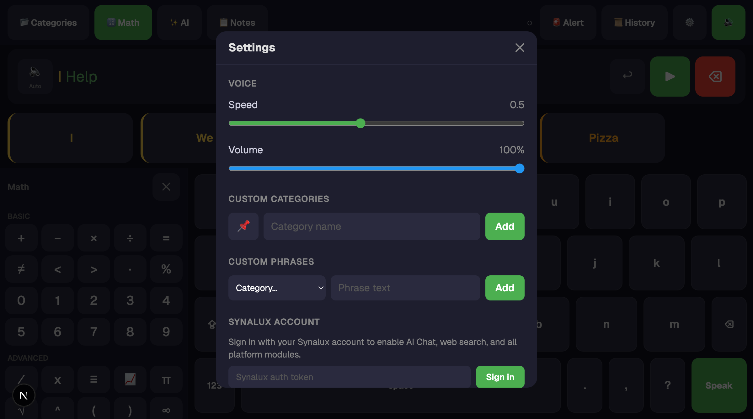 Settings — voice, language, accessibility