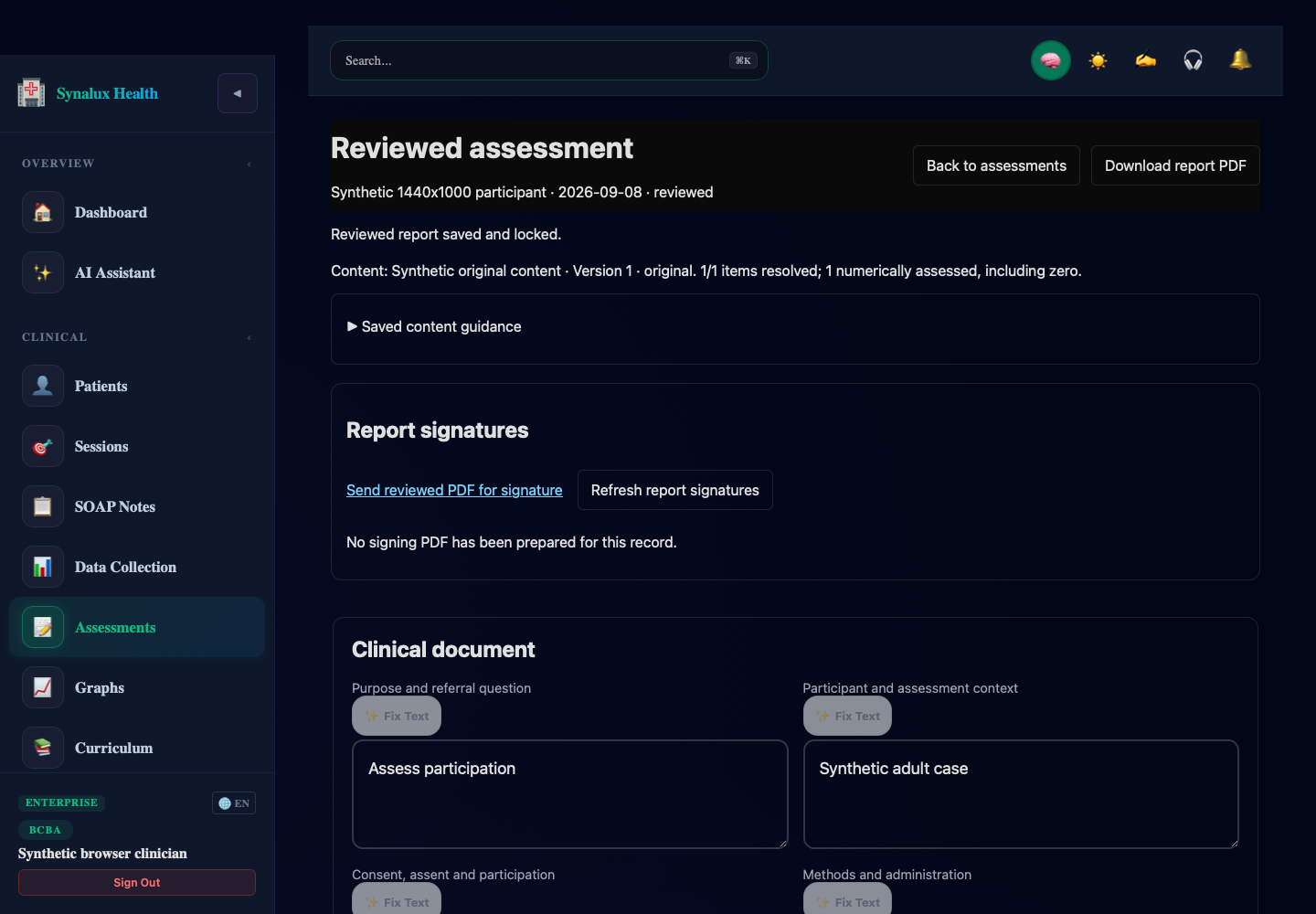 Desktop reviewed assessment showing saved status, PDF download and report-signature entry