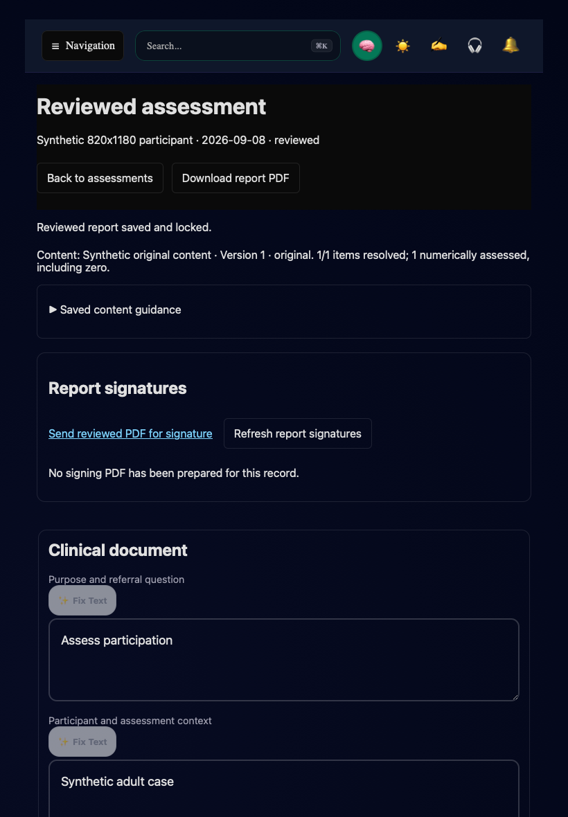 Reviewed assessment on iPad with Send reviewed PDF for signature and Refresh report signatures