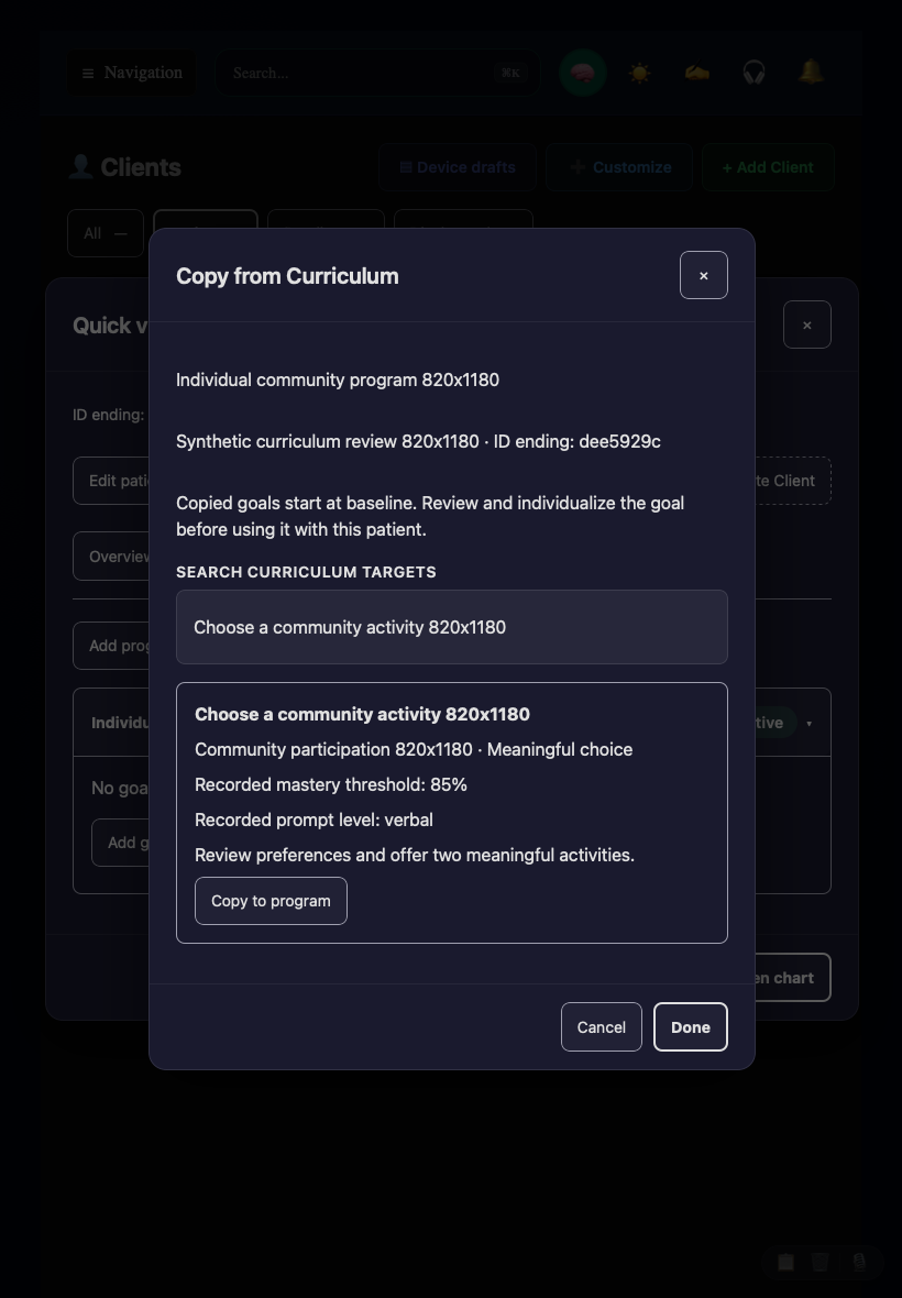 iPad curriculum copy dialog showing destination program, participant and target details