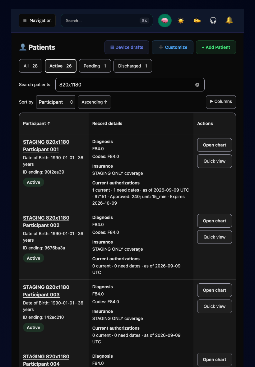 iPad patient list with grouped record details and visible chart actions