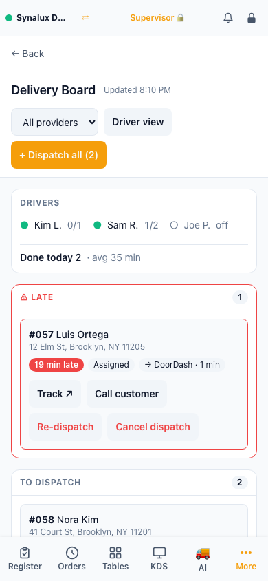 Delivery Board on a phone with the Late column first