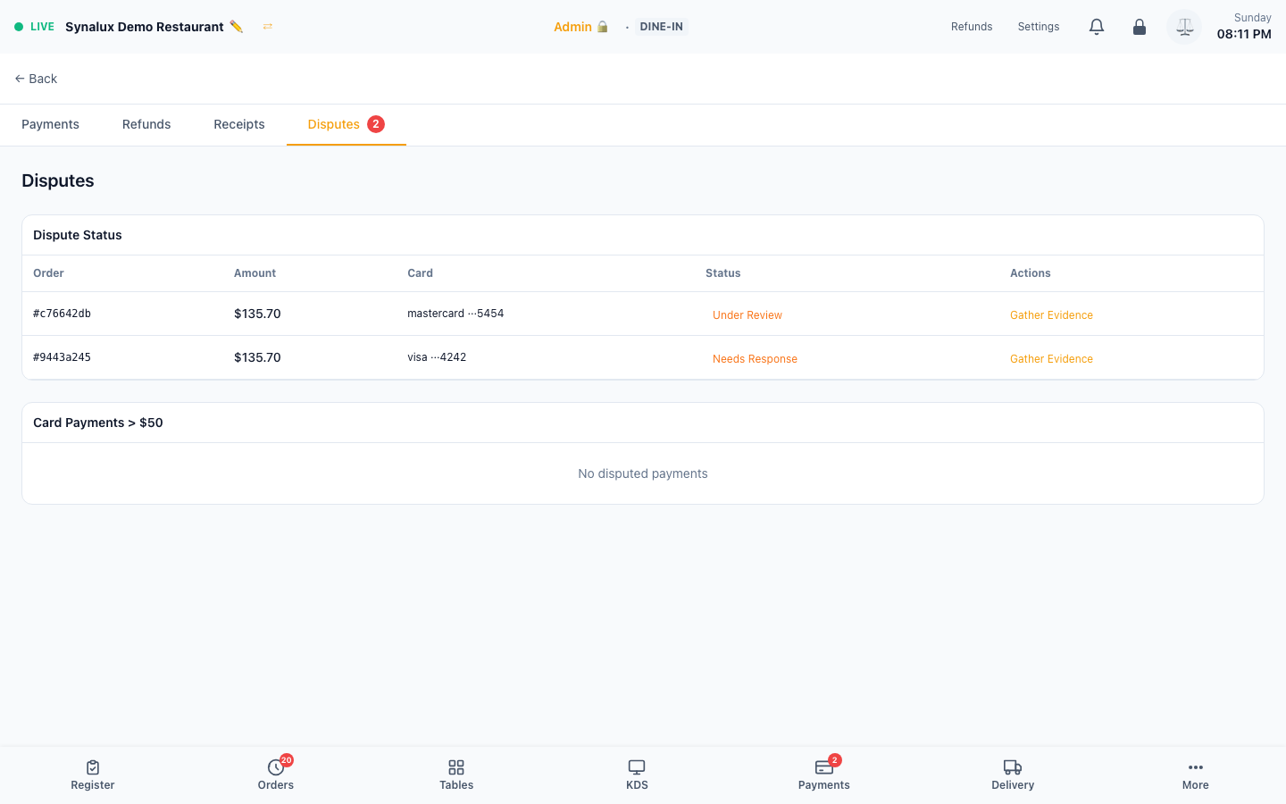 Dispute review with Needs Response and Under Review statuses and Gather Evidence actions