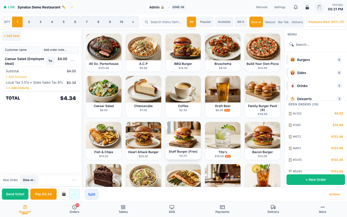 Employee Meal applied: the check line shows half price and the button shows Employee Meal (50% off)