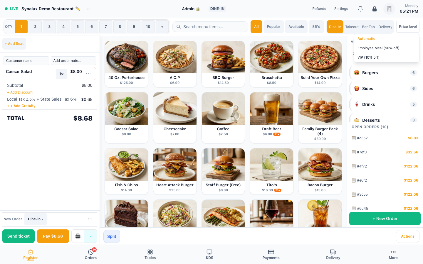 Price level menu open on the register, offering Automatic, Employee Meal, and VIP