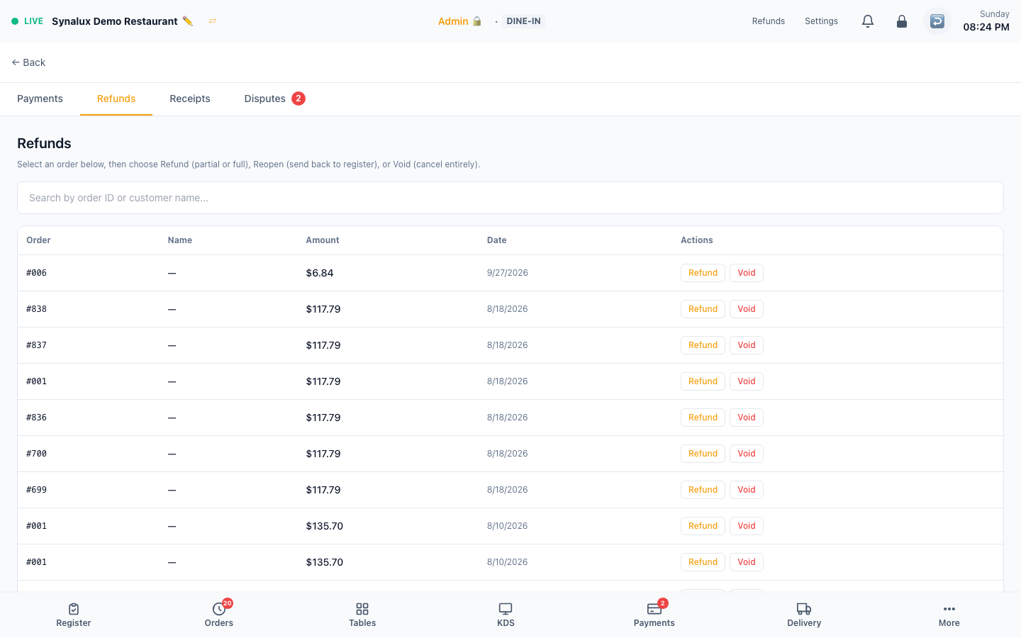 Refunds workspace with the Payments, Refunds, Receipts, and Disputes tab strip and completed-payment rows