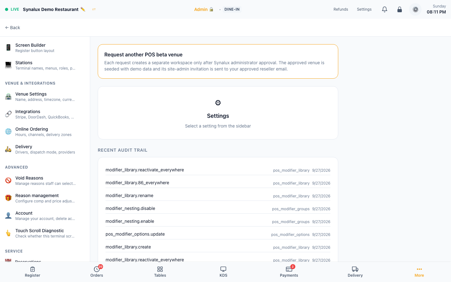 Settings hub sidebar grouped into Settings, Service, Venue & Integrations (including Delivery), and Advanced, with the recent audit trail