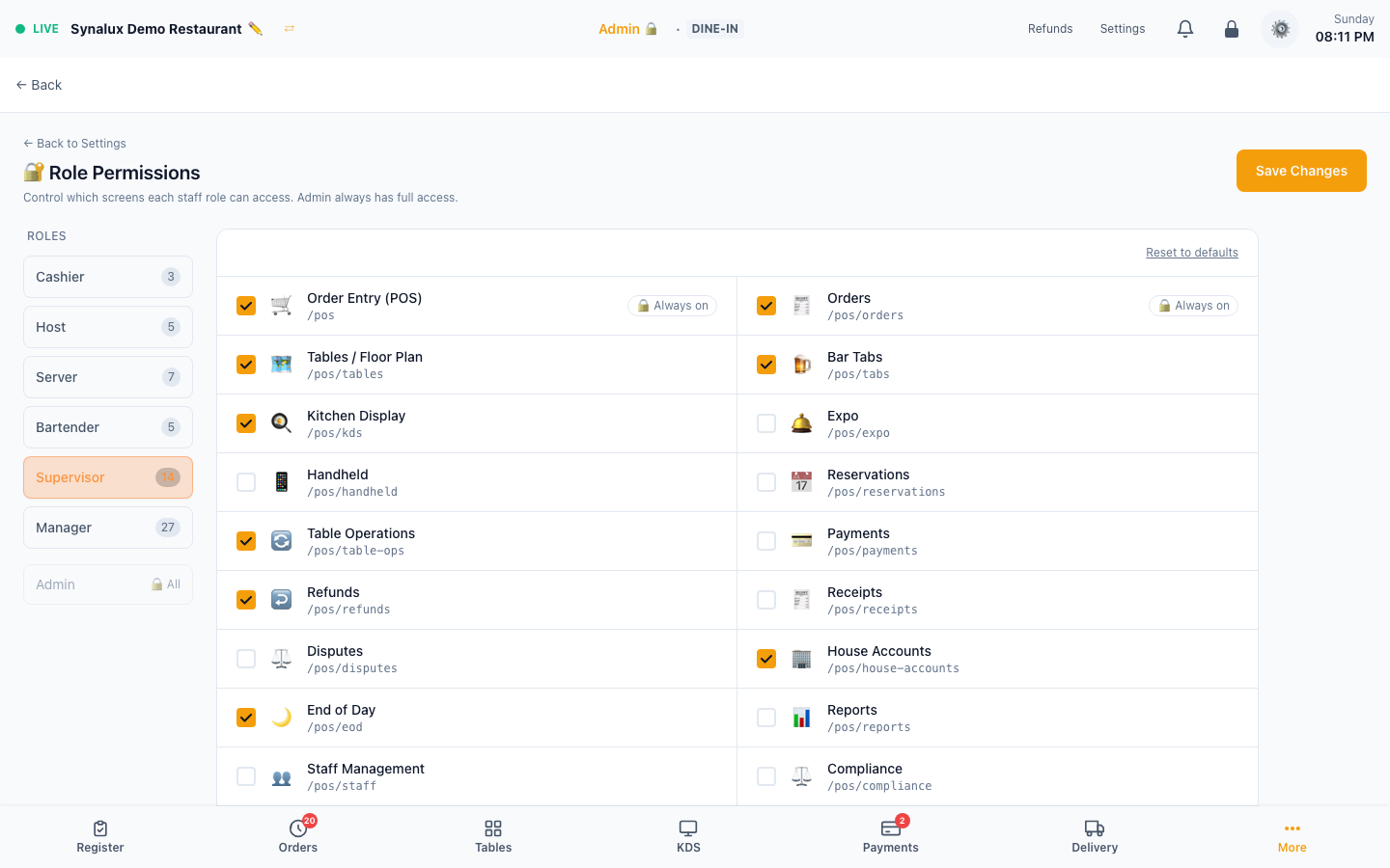 Role Permissions matrix for configurable staff roles, with Register and Orders marked Always on