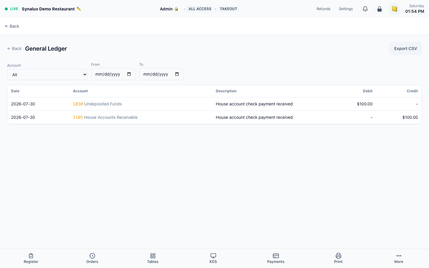 Current production General Ledger with populated journal rows