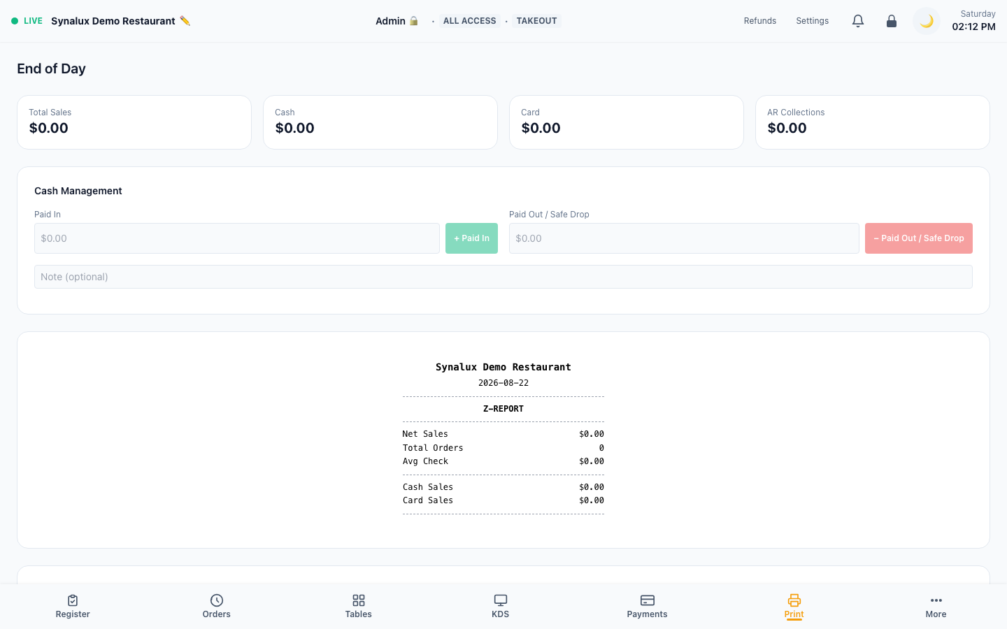 Current End of Day workspace with cash-management inputs and Z-report preview in an intentional zero-value state
