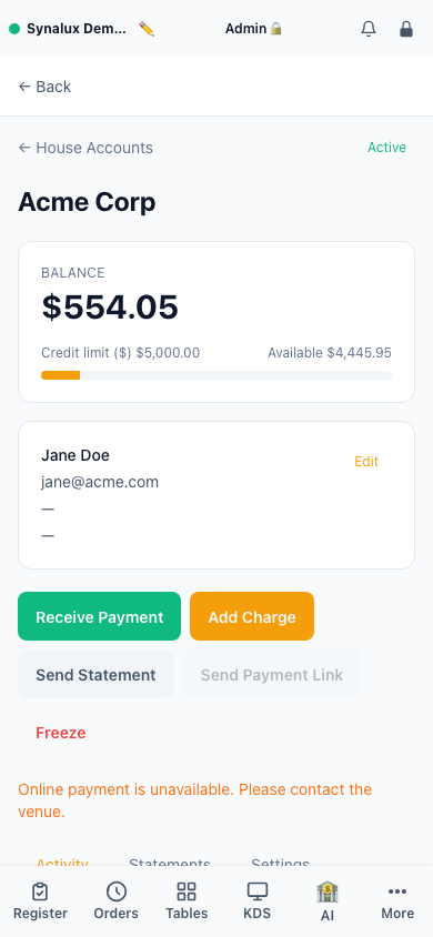 Current House Account detail on a mobile viewport with balance and account actions