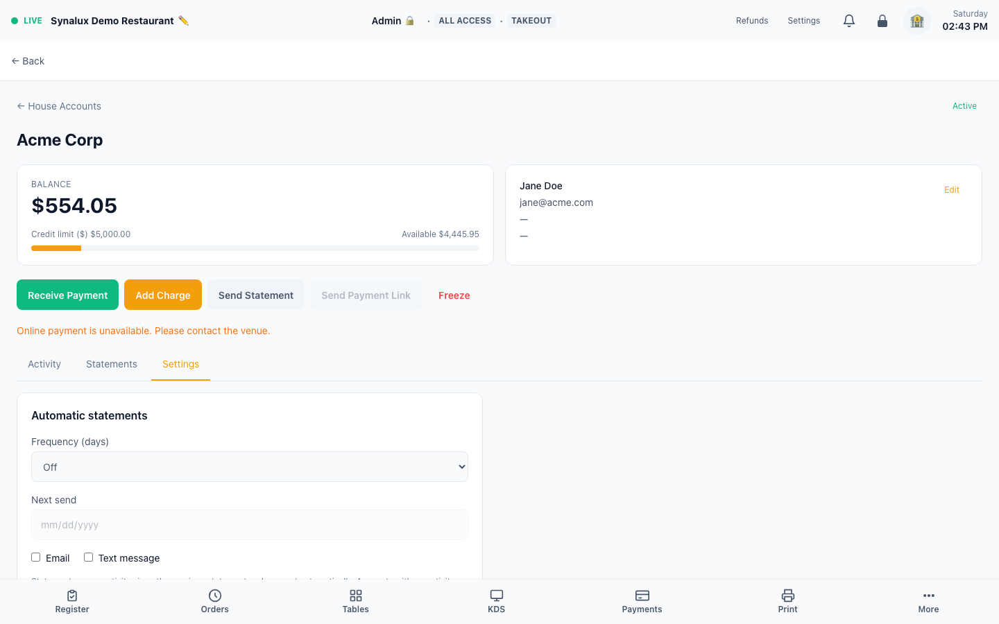 Current House Account settings with automatic-statement controls and public-link regeneration