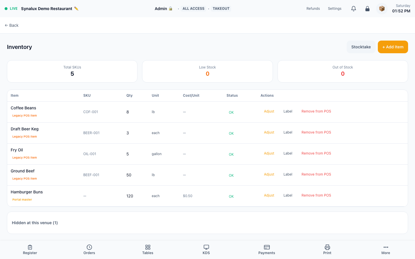 Current production Inventory with populated SKU records and stock values
