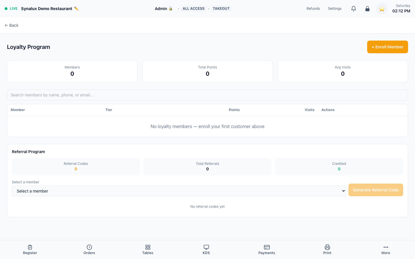 Current Loyalty Program workspace showing enrollment, search, points, visits, and retention controls in an intentional empty-member state