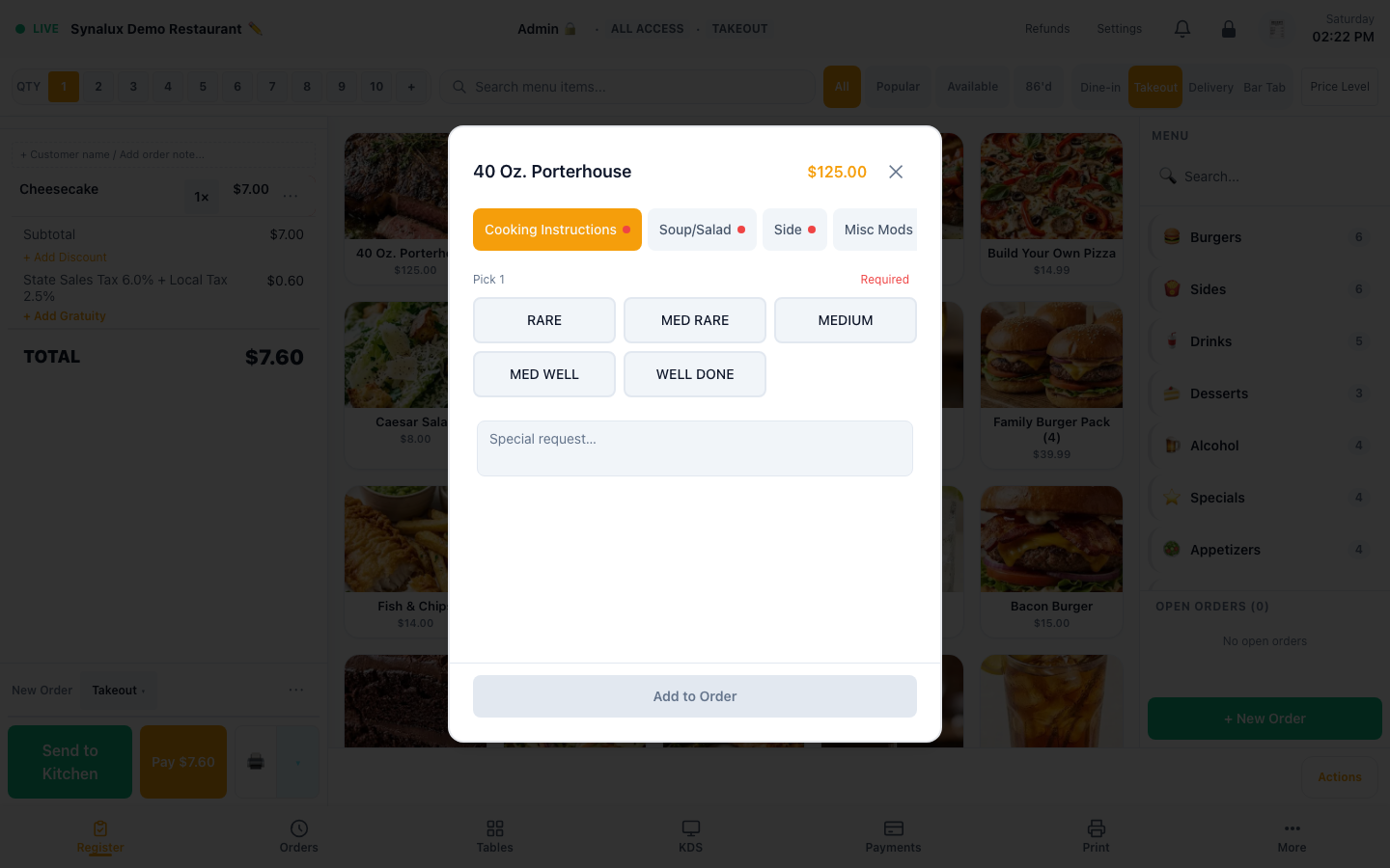 Current modifier sheet with required cooking instructions and special request field