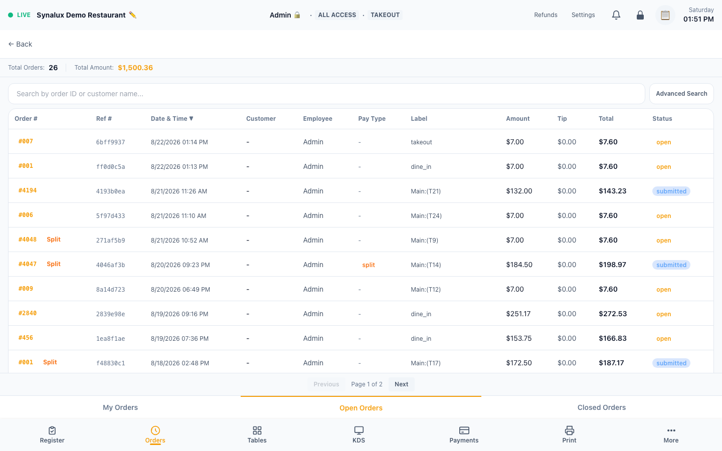 Current production Orders ledger with populated order rows and totals