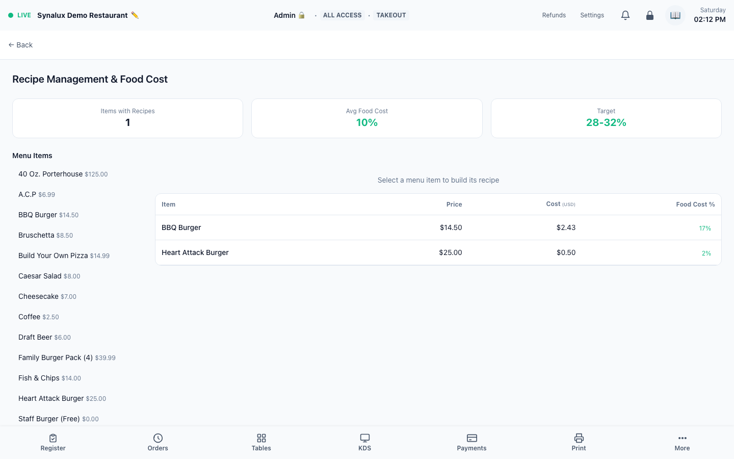 Current Recipe Management and Food Cost workspace with a populated recipe