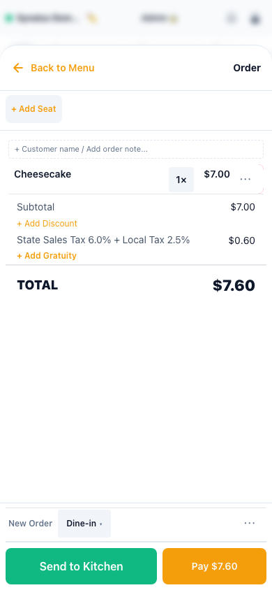 Phone Synalux POS order view with Back to Menu, Cheesecake line item, tax, total, Send to Kitchen, and Pay actions