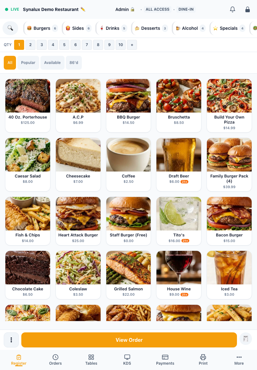 Tablet Synalux POS Register with five proportionate menu columns and a View Order action above the bottom navigation