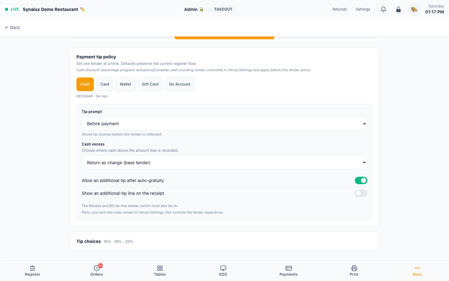 Current tender-specific payment, tip, receipt, and excess-payment configuration