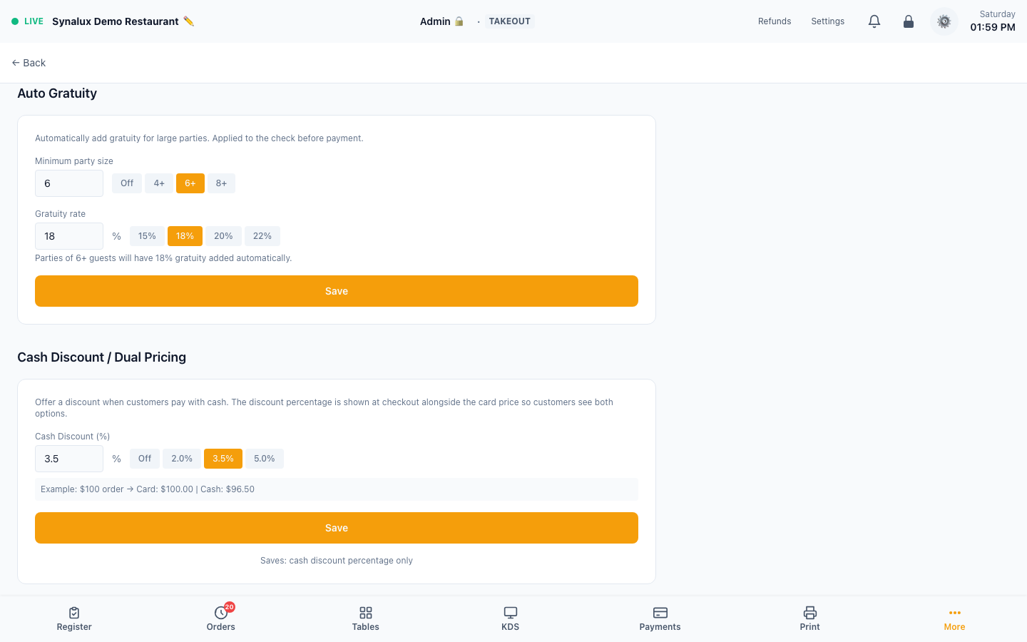 Current Auto Gratuity settings