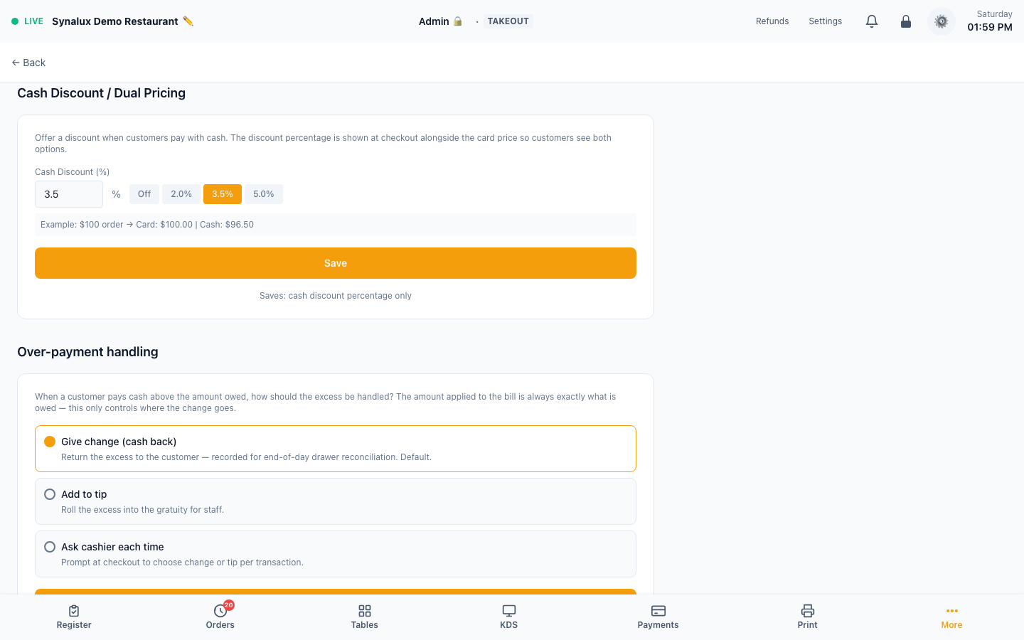Current Cash Discount and dual-pricing settings