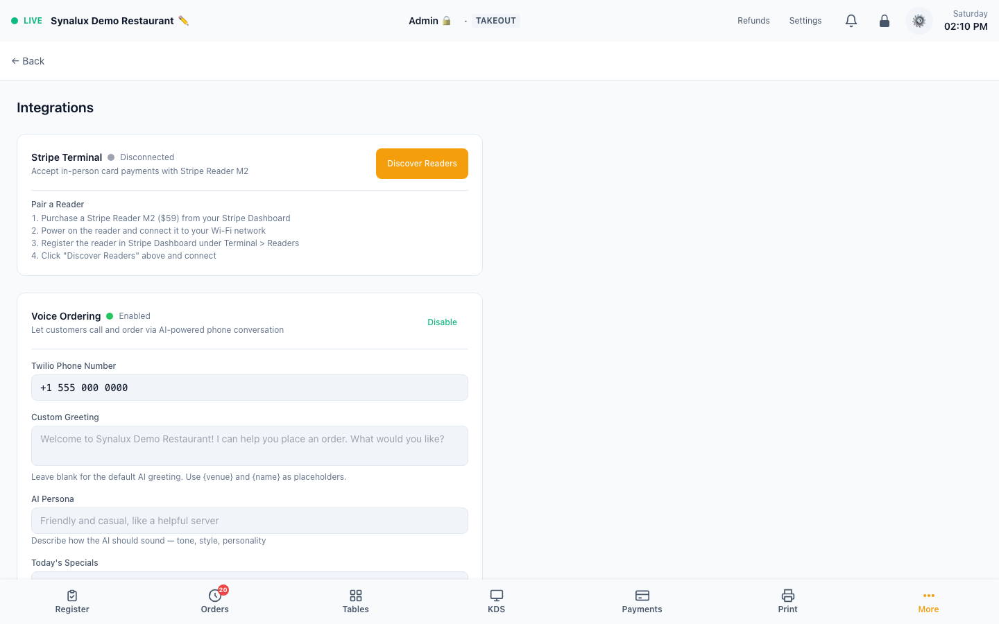 Current Integrations workspace where messaging and ordering providers are configured; contact values are masked