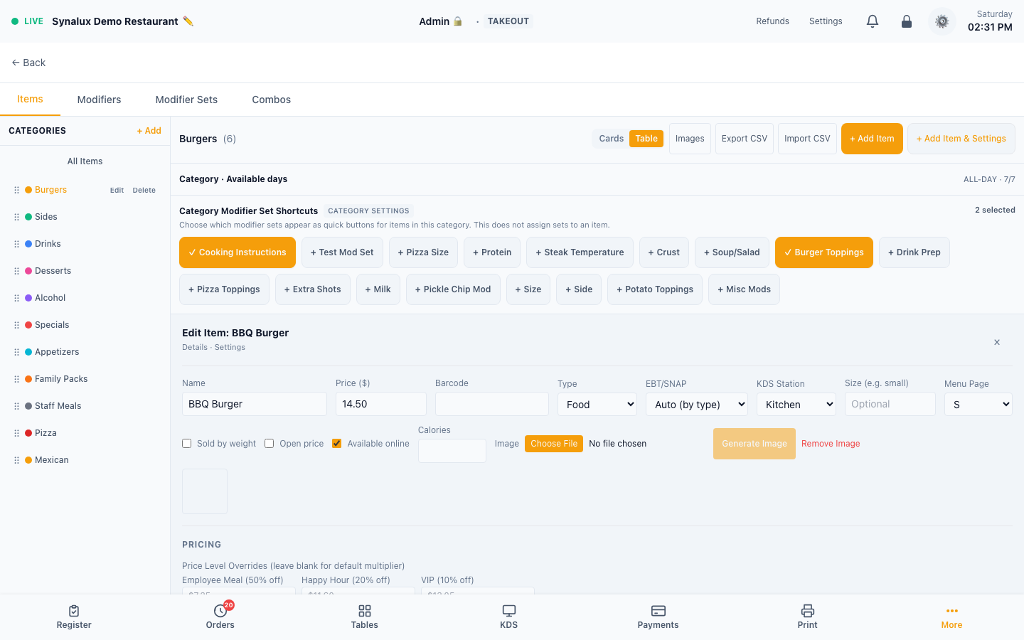 Current Menu Builder item details with barcode, item type, EBT eligibility, and pricing controls
