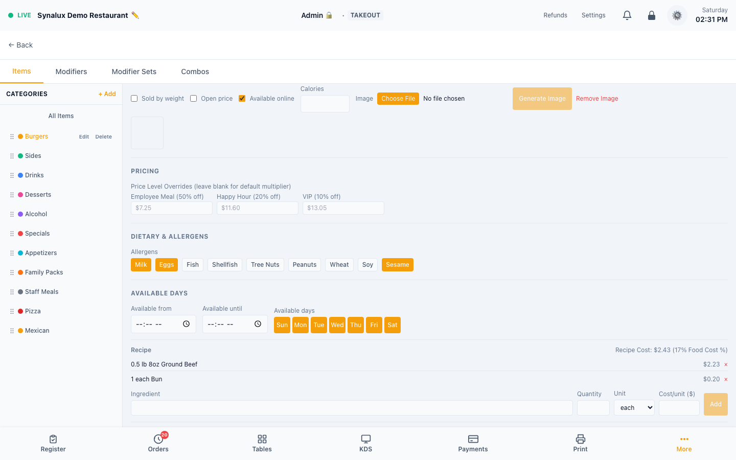 Current item nutrition, allergens, availability, price levels, and recipe controls