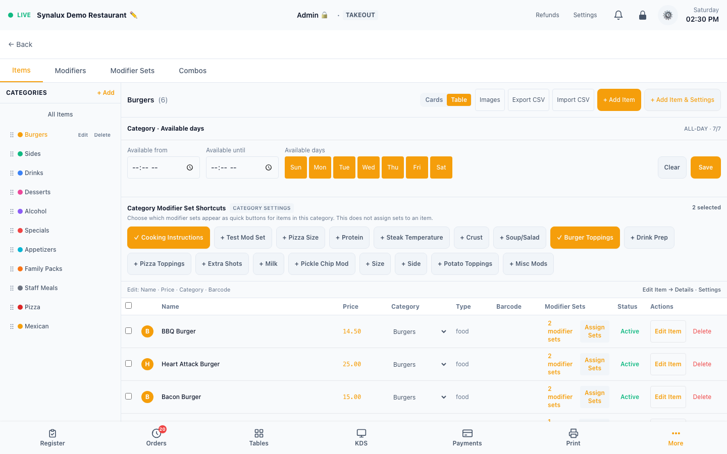 Current category scheduling and category-level modifier shortcuts
