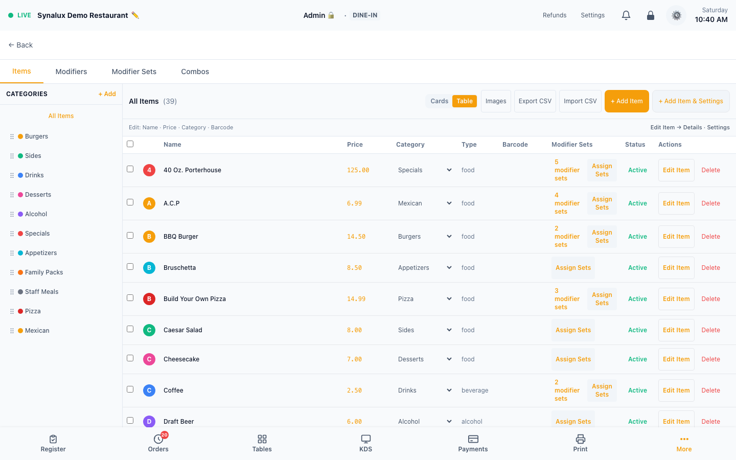 Current production Menu Builder Table view with 39 configured items, category navigation, item types, modifier-set assignments, status, and CSV controls