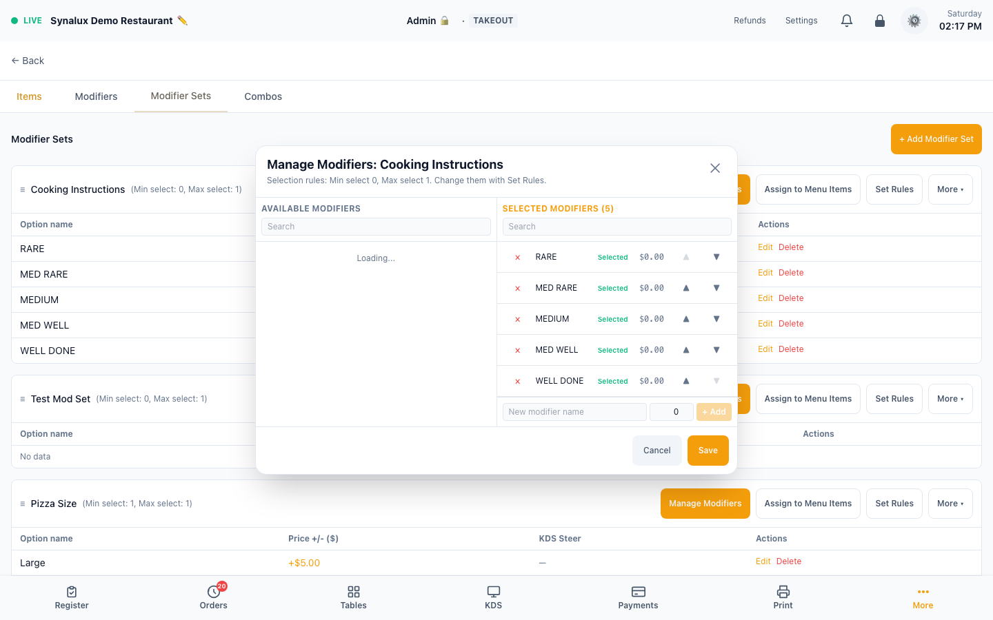 Current Modifier Sets workflow with KDS steering controls