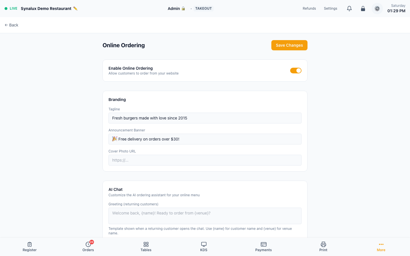 Production Online Ordering settings with enablement, storefront branding, announcement, cover photo, and AI chat controls