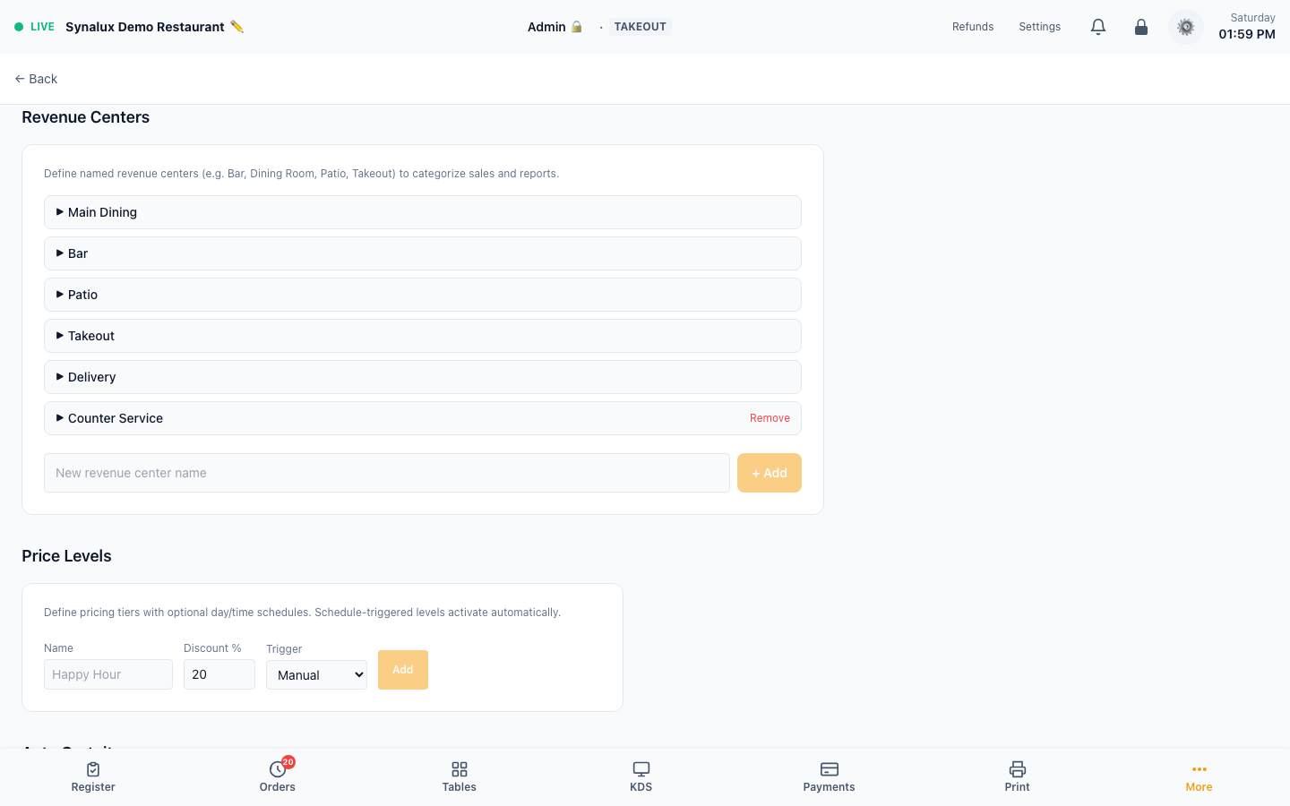 Current revenue-center service and landing-screen controls