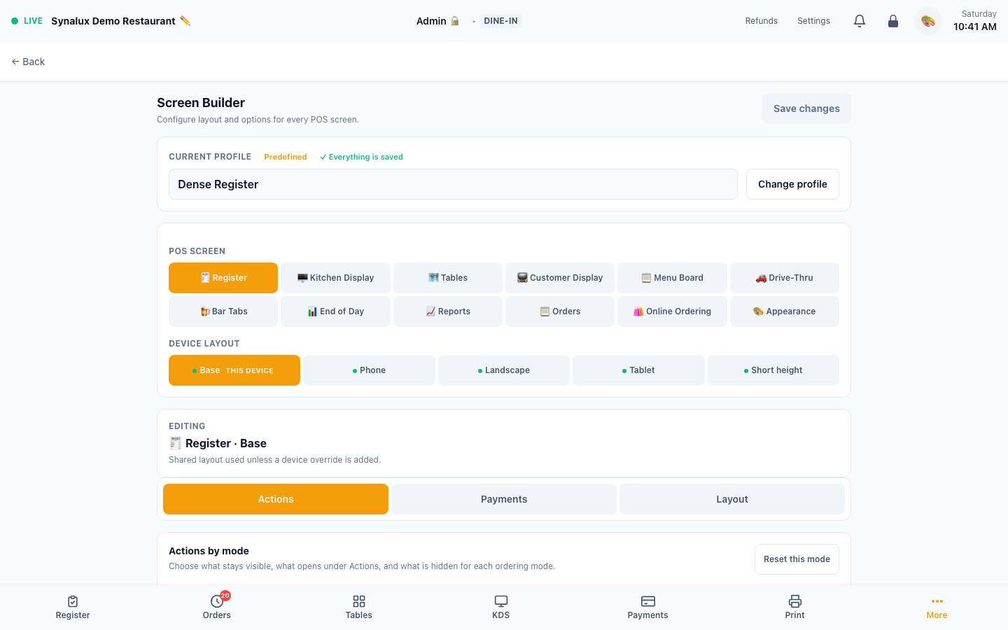 Current production Screen Builder with Dense Register profile, 12 POS screens, device layouts, and separate Actions, Payments, and Layout tabs