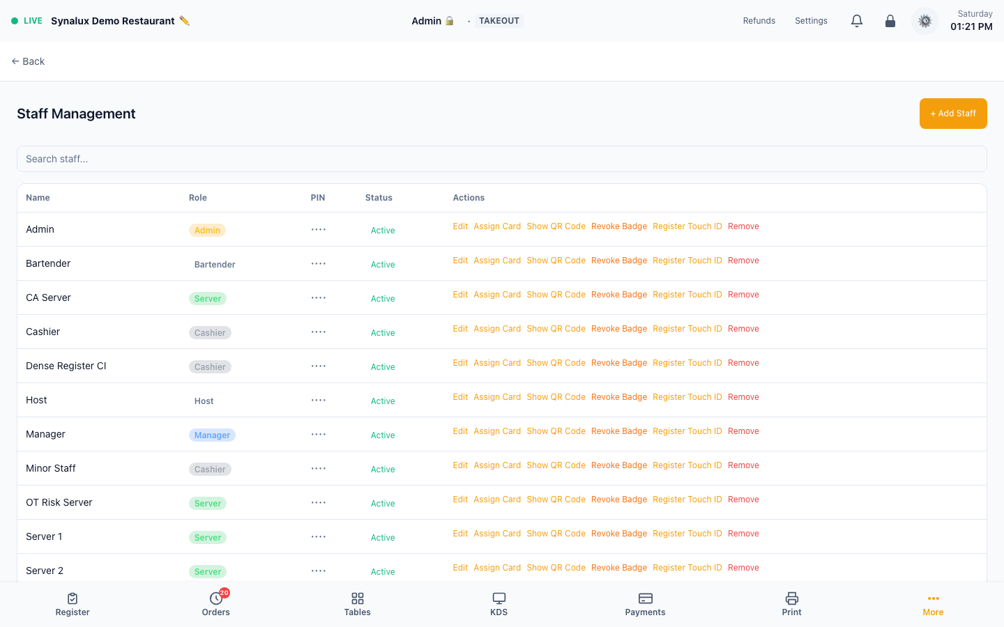 Production Staff Management list with role, masked PIN, status, card, QR badge, and Touch ID actions