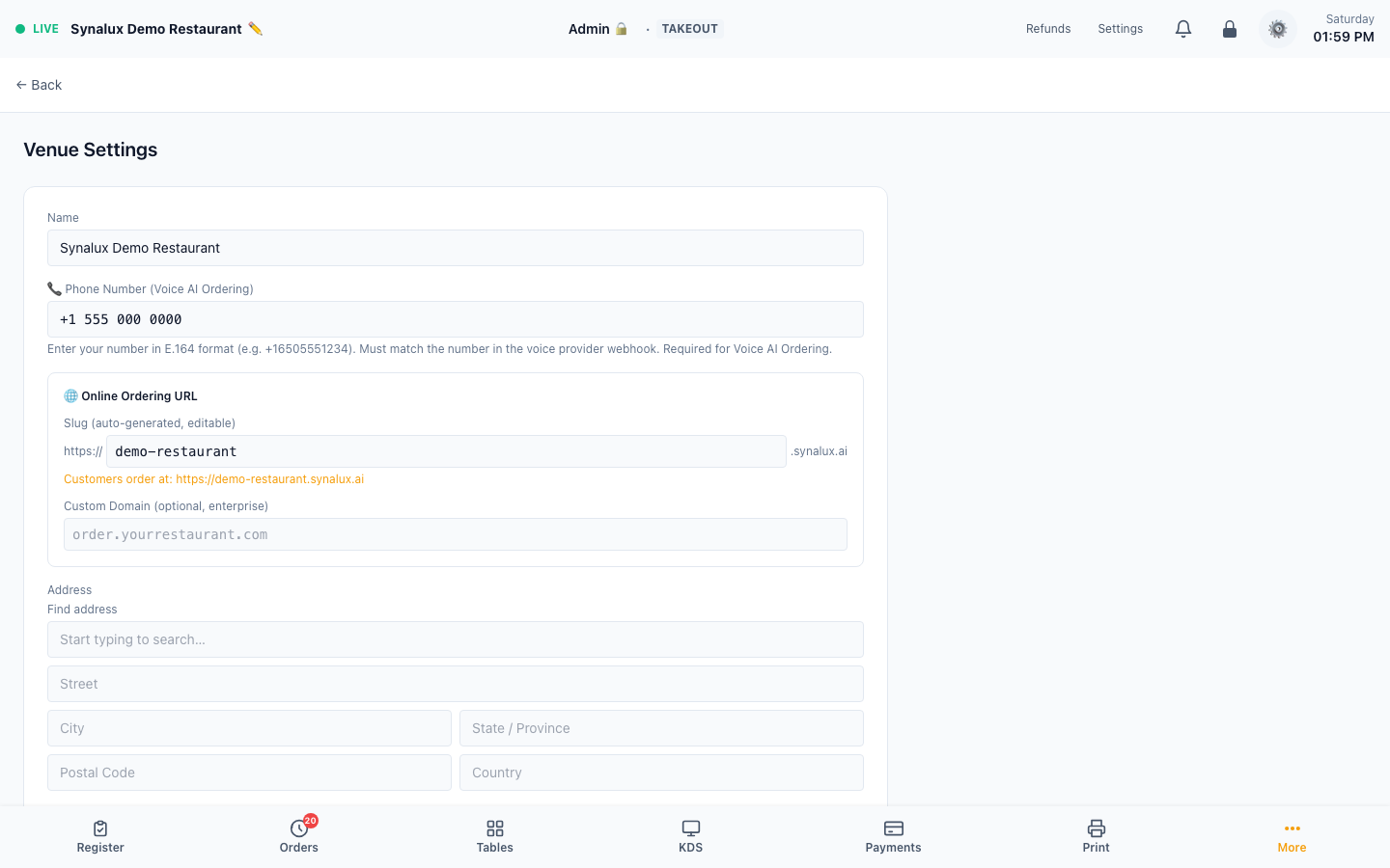 Current production Venue Settings with sanitized contact details and configured order types