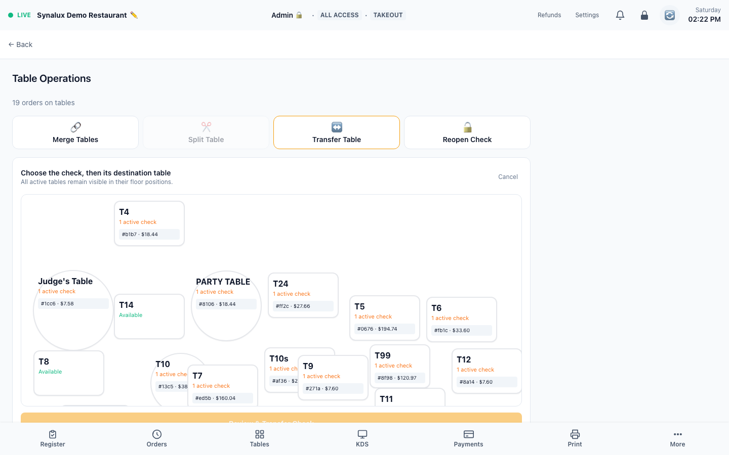 Current Table Transfer floor-plan workflow with active and available tables