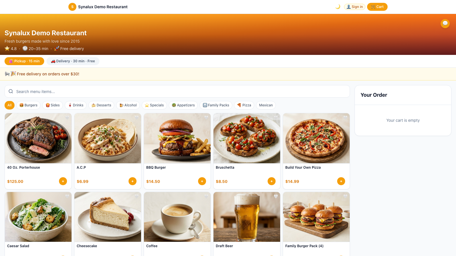 Validated Online Ordering storefront from the current POS build used alongside phone ordering