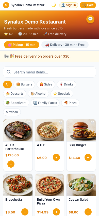 Validated Online Ordering storefront from the current POS build on a phone, with responsive menu cards and cart access