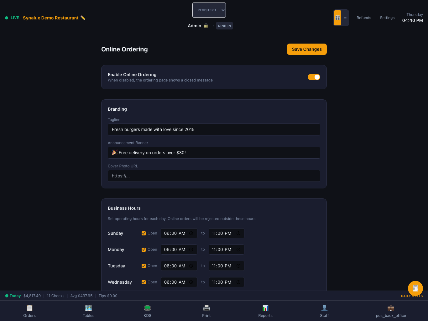 Online Ordering Settings