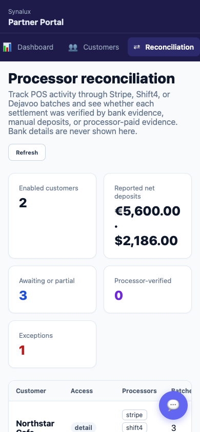 Partner Portal processor-reconciliation portfolio on mobile