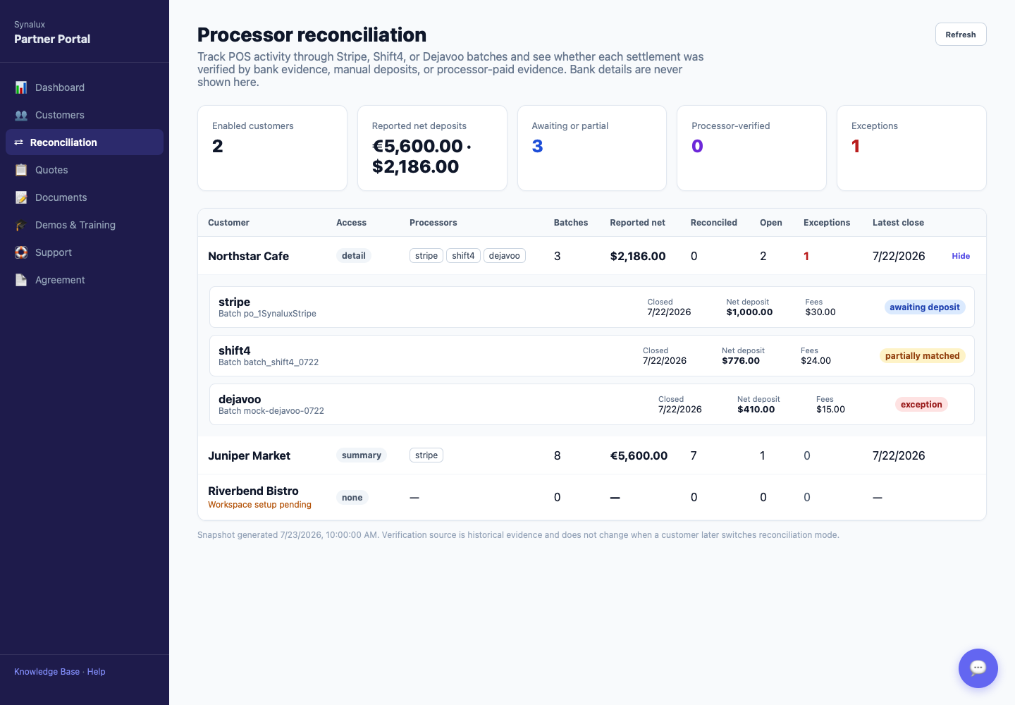 Partner Portal processor-reconciliation portfolio